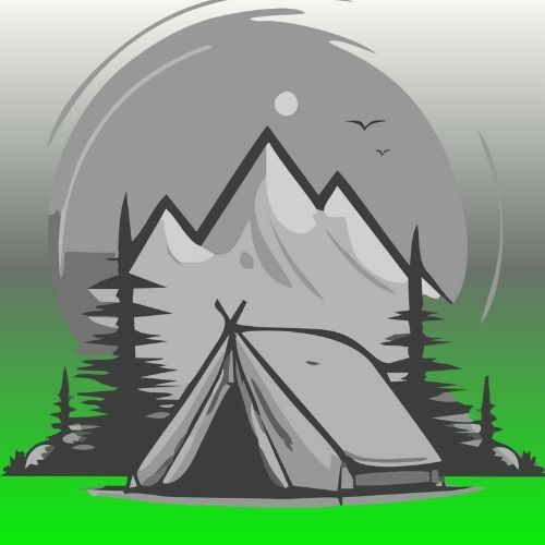 A tent in front of a forest and mountain