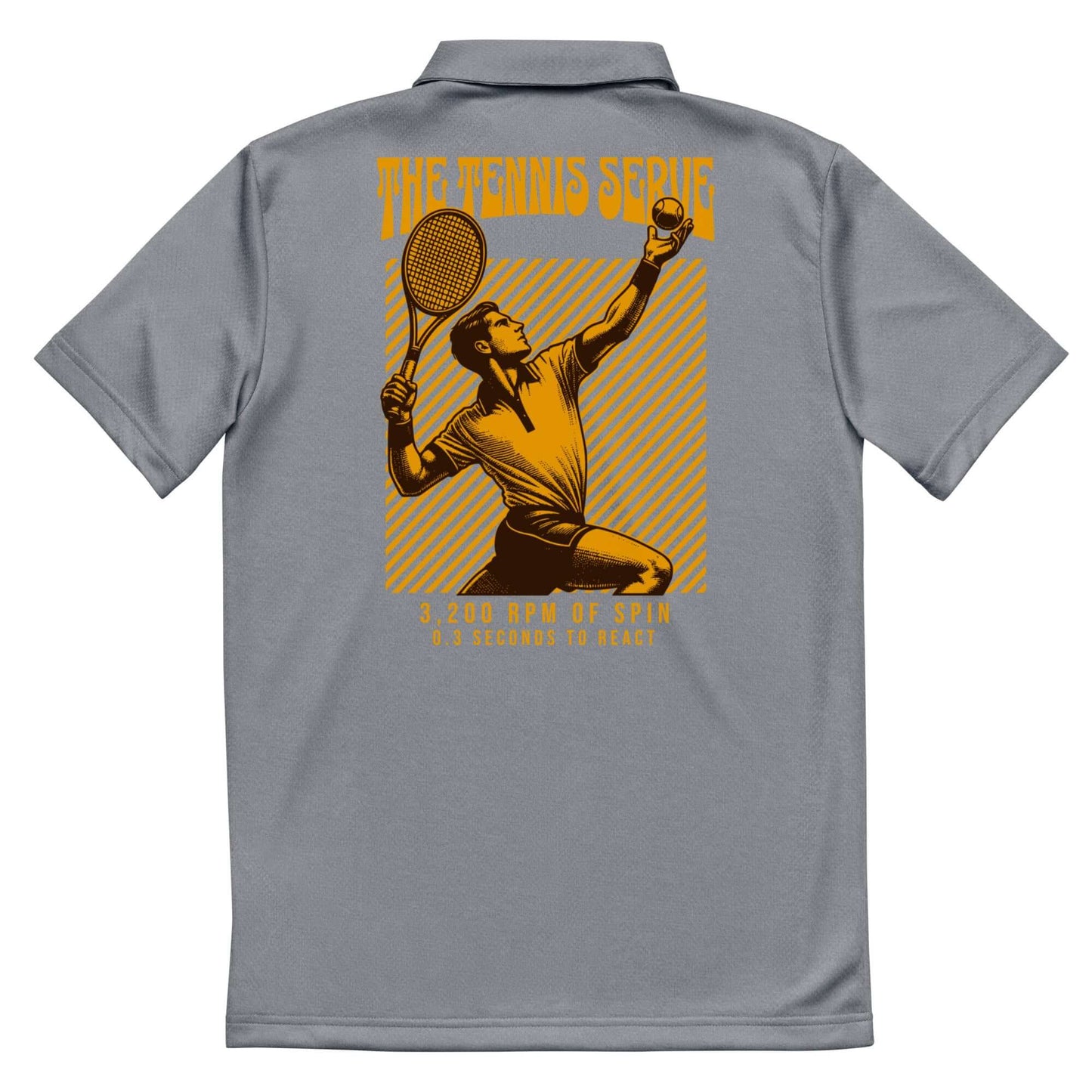 Adidas Tennis Serve Polo featuring a golden tennis serve illustration on a gray background, highlighting sports style.