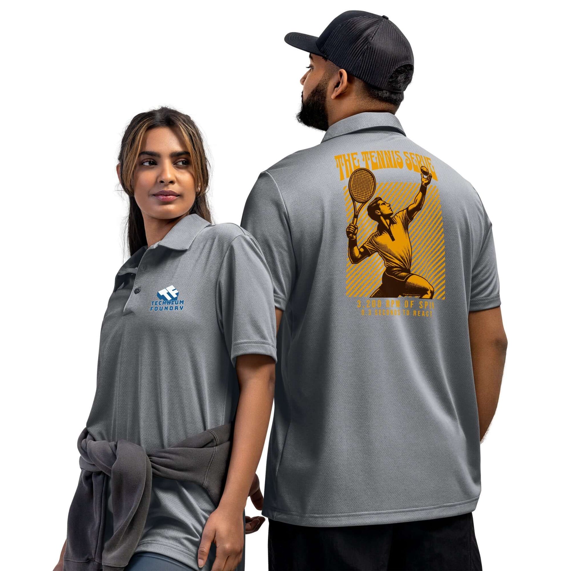 Adidas Tennis Serve Polo Shirt featuring Spin Science design with illustrated serve in golden tones, worn by man and woman.