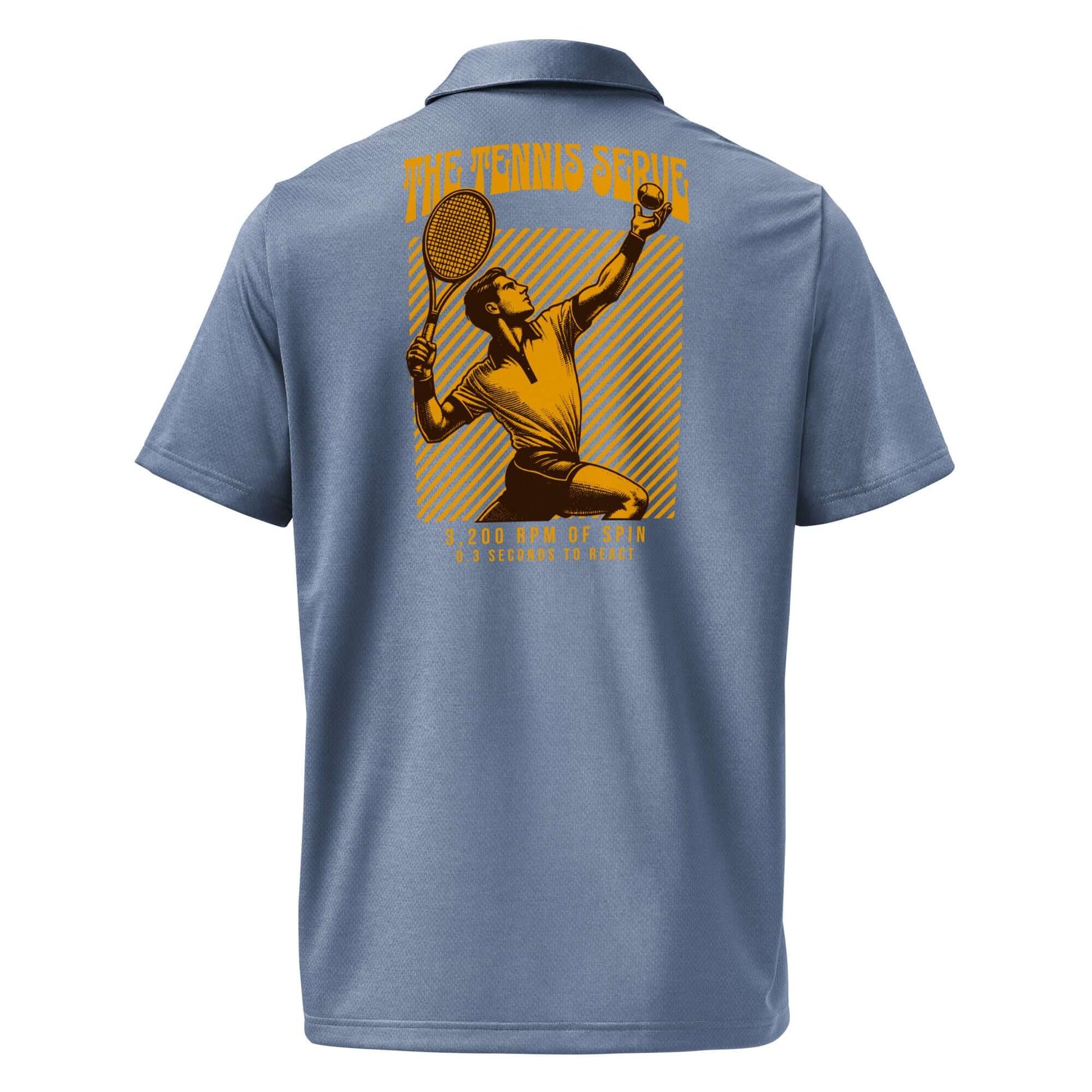 Back view of Adidas Spin Science Tennis Serve Polo featuring golden tennis player graphic, sportswear style