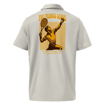 Adidas Tennis Serve Polo showcasing a golden tennis serve illustration on the back, epitomizing the blend of athleticism and style.