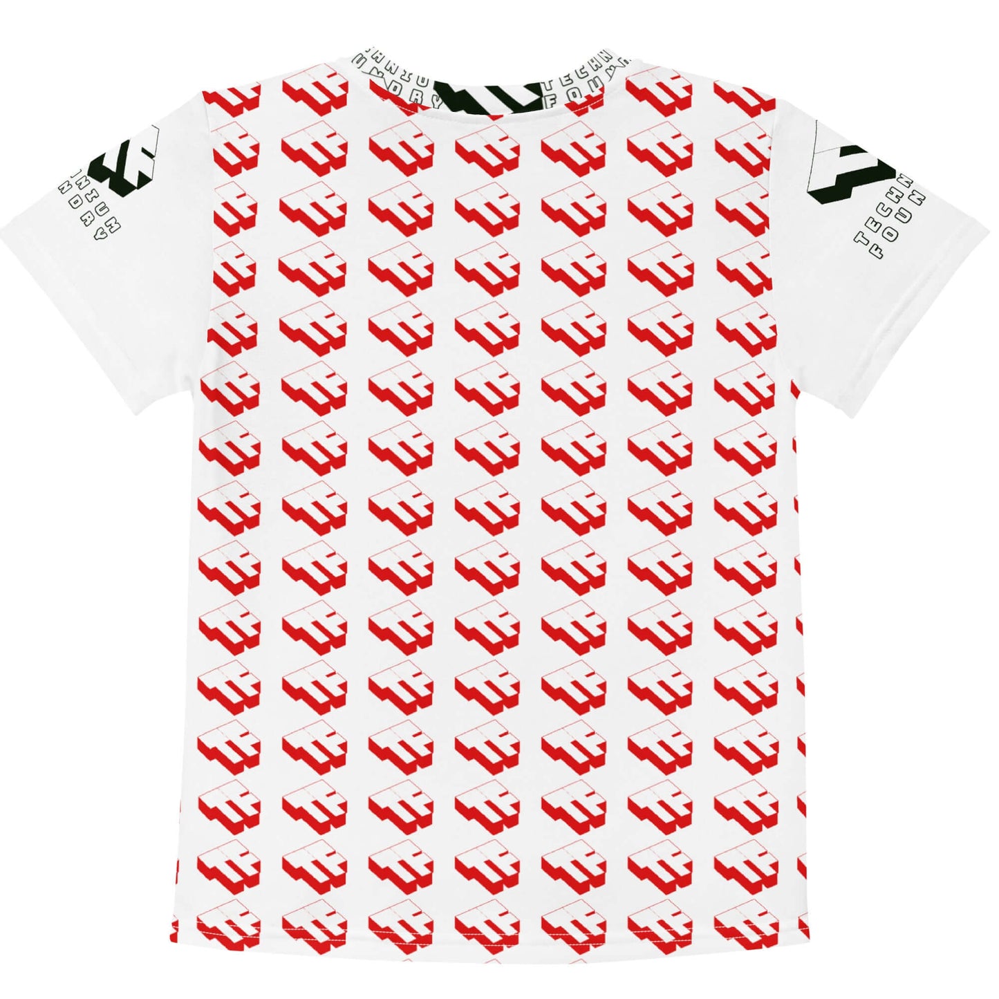 Kids' t-shirt with a red and white repeated pattern design on the back, showcasing a modern and playful style.