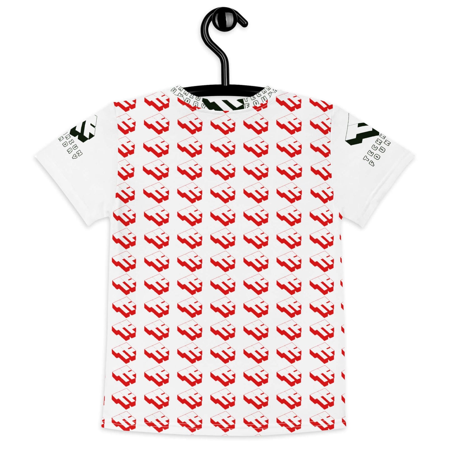 White kids' t-shirt with red and black geometric print pattern on a hanger.