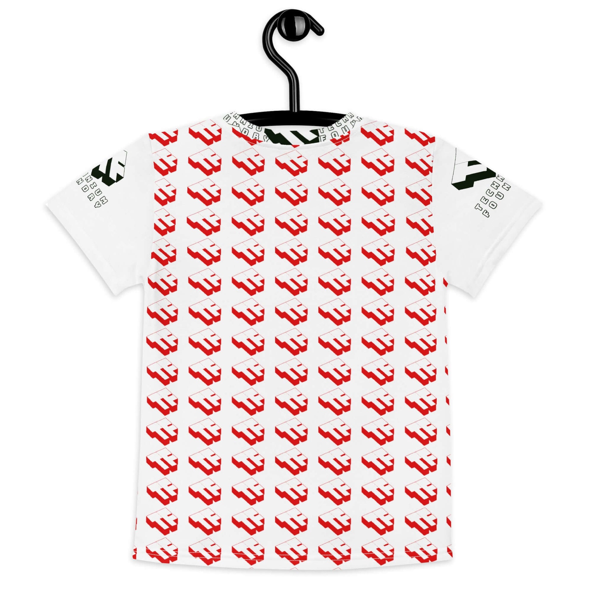 White kids' t-shirt with red and black geometric print pattern on a hanger.