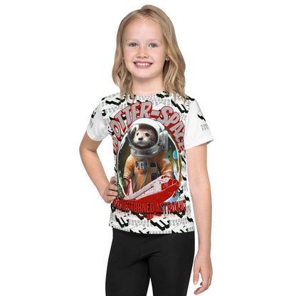 Child wearing "In Otter Space" t-shirt with astronaut otter print, space shuttle, and text "AQUANAUT TURNED ASTRONAUT" for kids.