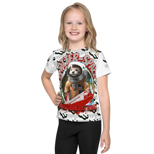 Child wearing "In Otter Space" t-shirt with astronaut otter print, space shuttle, and text "AQUANAUT TURNED ASTRONAUT" for kids.