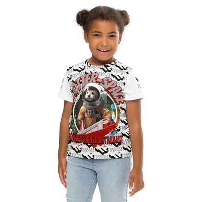 Child wearing "In Otter Space" t-shirt featuring astronaut otter design in a spacesuit, part of the Space Adventure Collection.