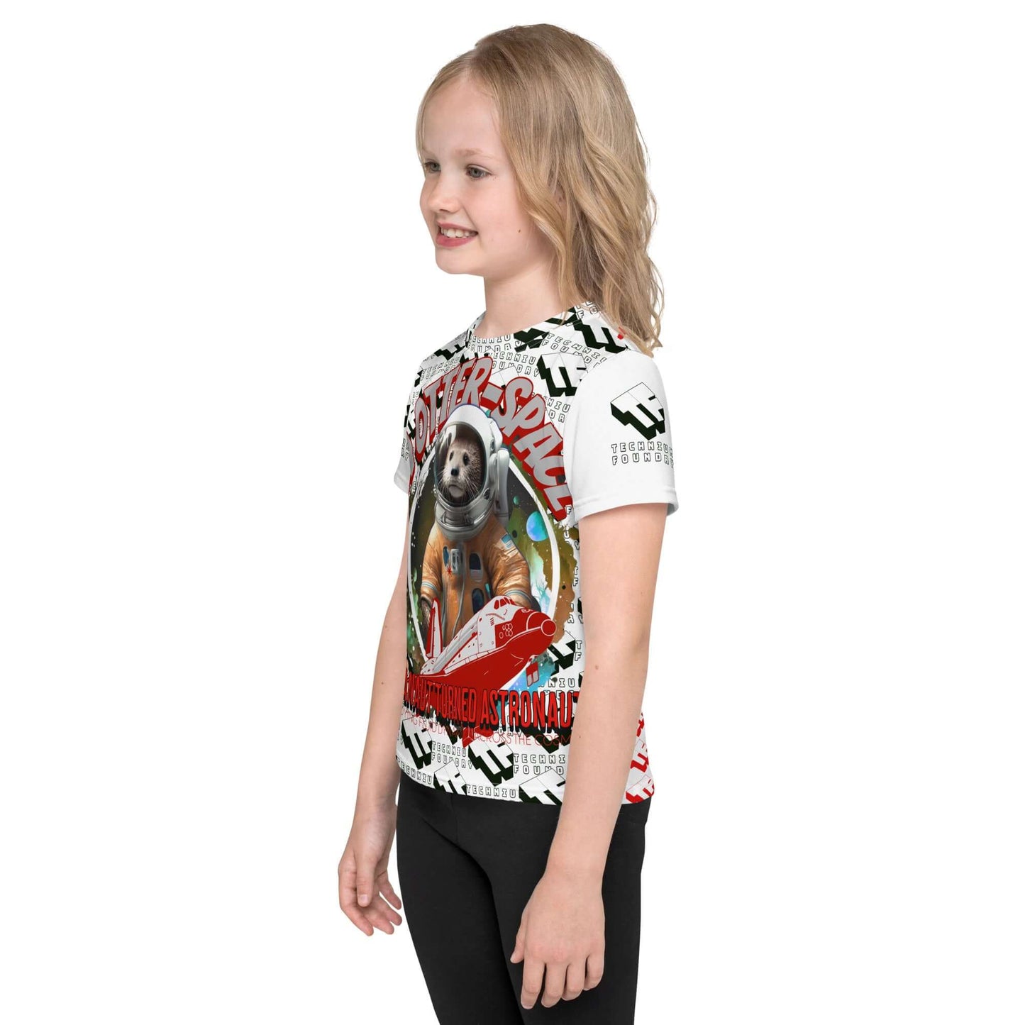 Child wearing "In Otter Space" t-shirt with astronaut otter design, part of Space Adventure Collection, featuring playful cosmic theme.