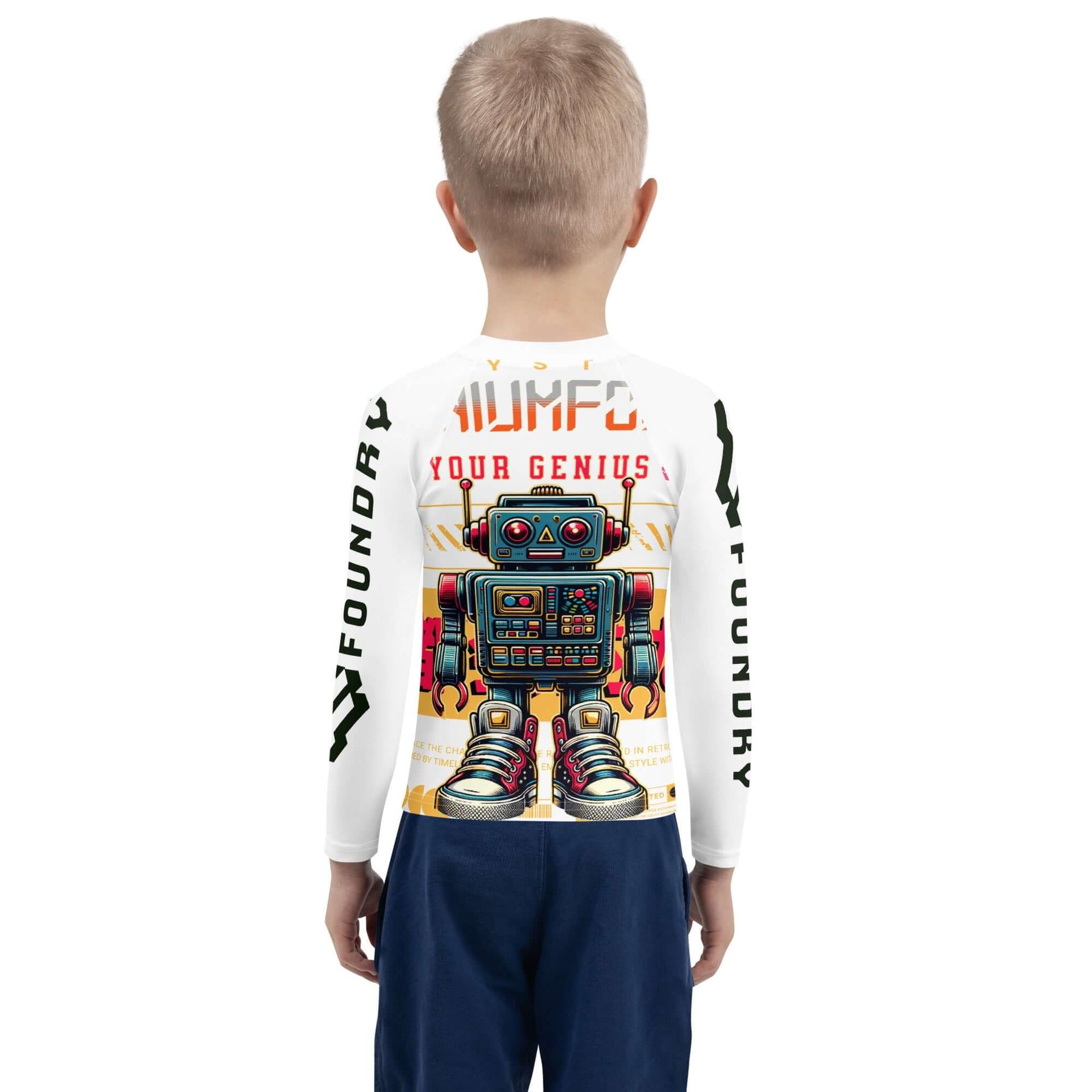 Kids' rash guard with retro robot design, featuring UPF 50+ sun protection and stylish sneakers for tech-savvy fashion.