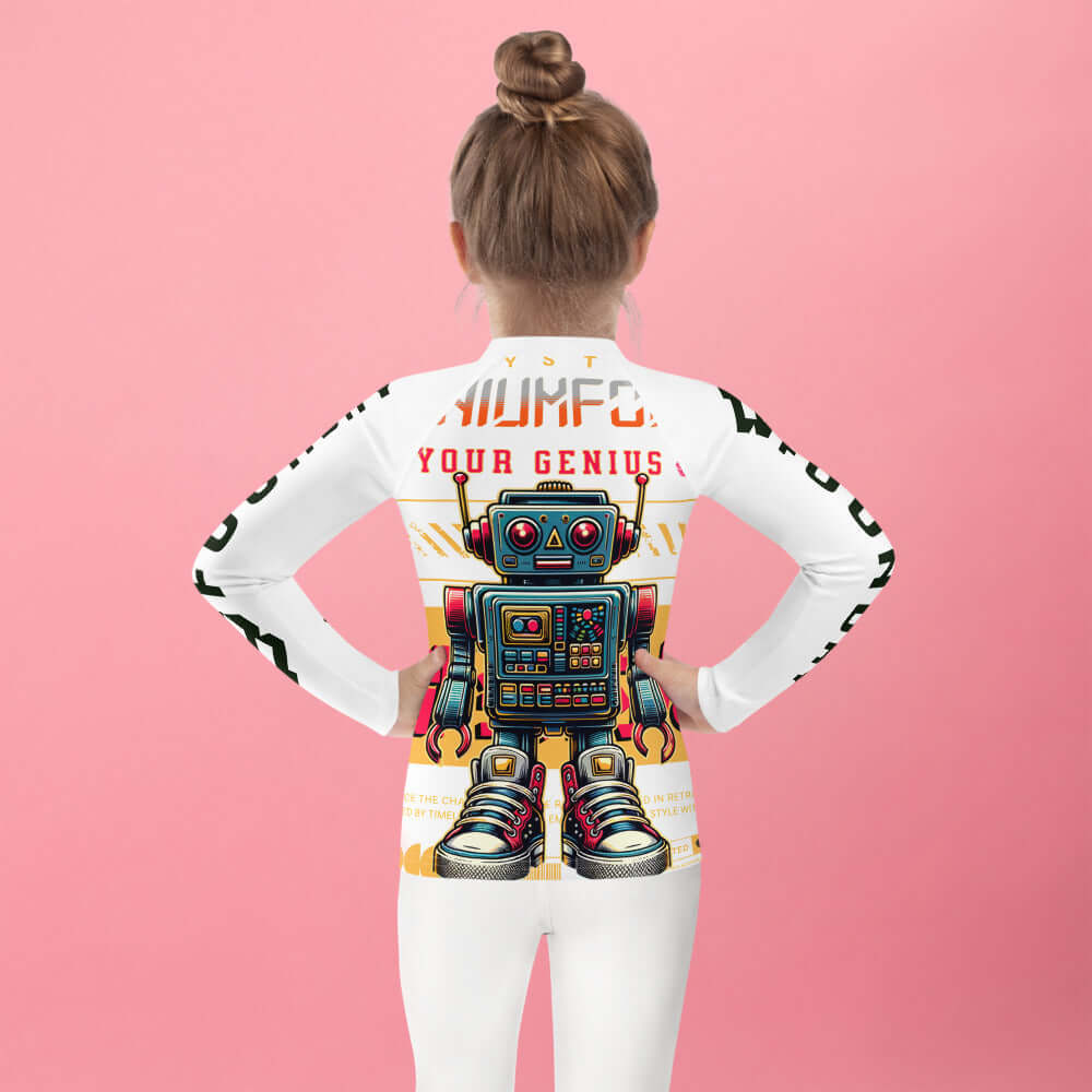 Child wearing Technium Bot Kids' Rash Guard with retro robot design on a pink background, offering UPF 50+ sun protection.