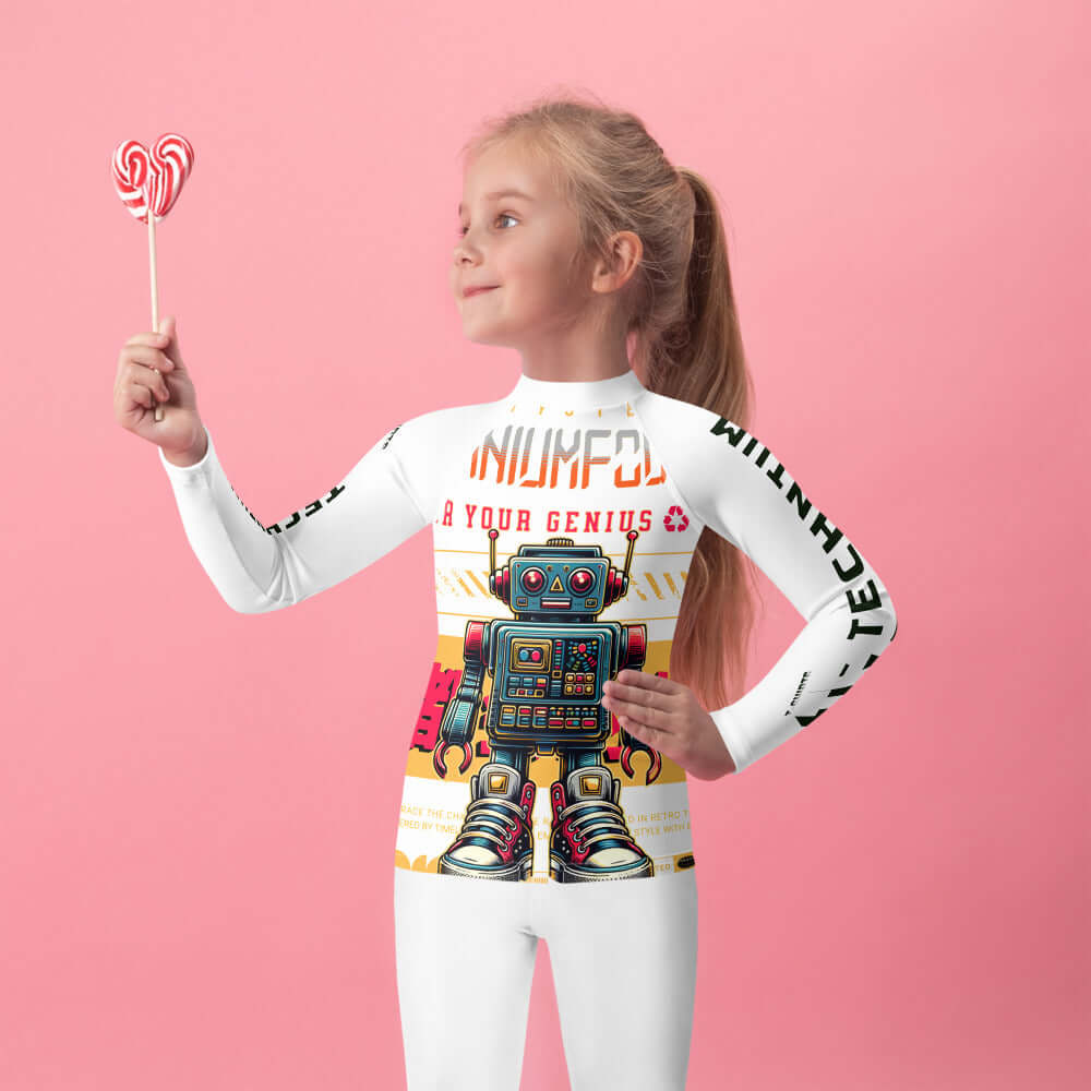 Girl wearing kids' rash guard with retro robot design on pink background, holding lollipops, techie sun protection apparel.