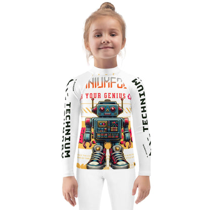 Child wearing Technium Bot Kids' Rash Guard with retro robot design and UPF 50+ sun protection, showcasing beachwear fashion.