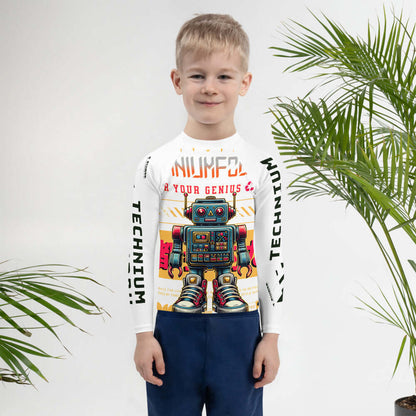 Child wearing Technium Bot Kids' Rash Guard with retro robot design, sun protection apparel with UPF 50+ for beach fun.