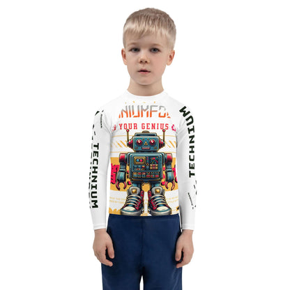 Boy wearing Technium Bot Kids' Rash Guard with retro robot design, offering UPF 50+ sun protection, combining style and safety.