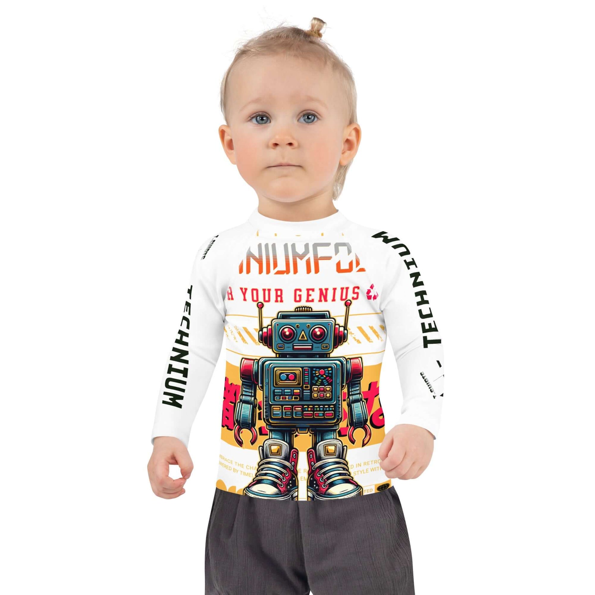 Child wearing Technium Bot Kids' Rash Guard with retro robot design, offering UPF 50+ sun protection and trendy style.