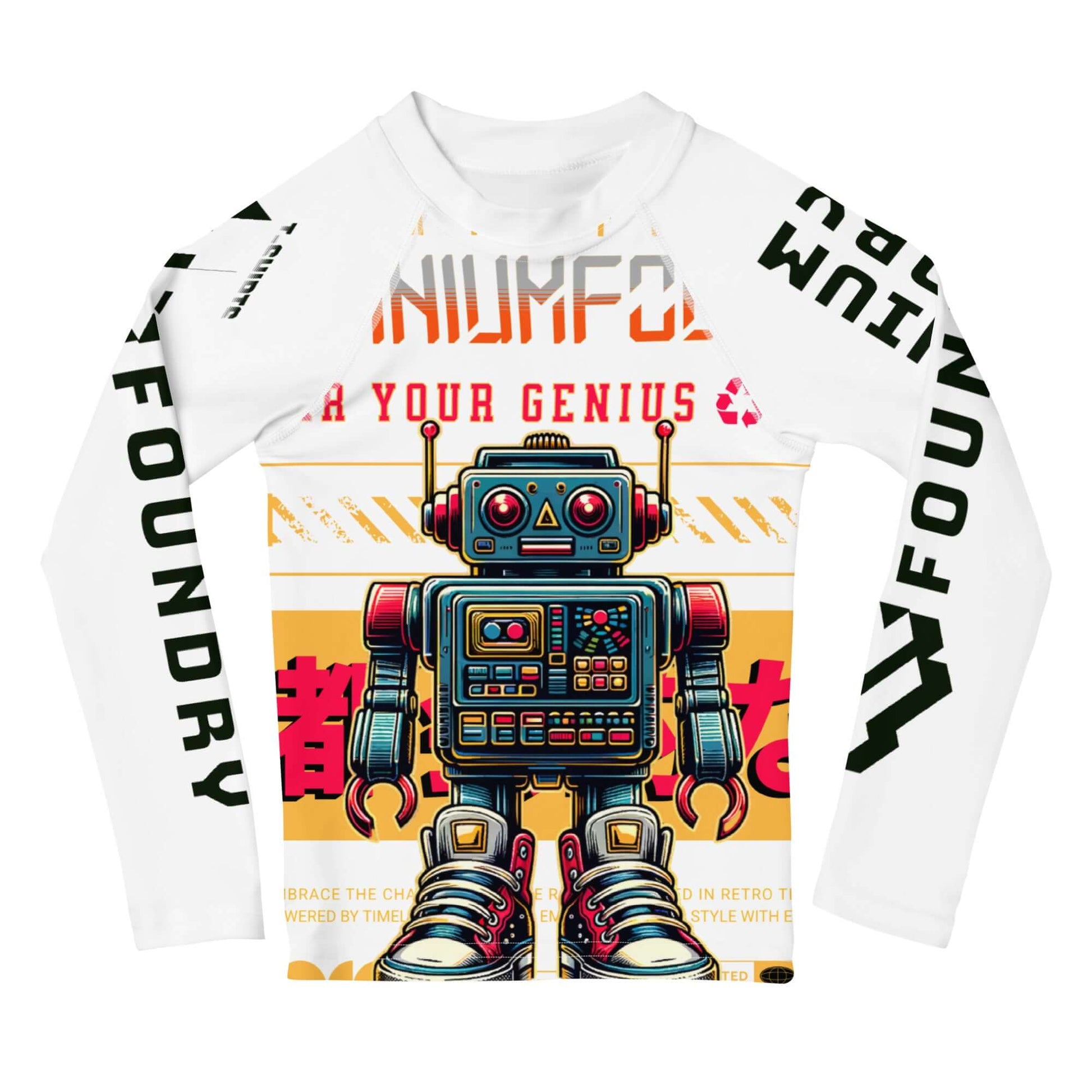 Kids' rash guard with retro robot design, offering UPF 50+ sun protection, featuring tech-themed graphics and playful style.