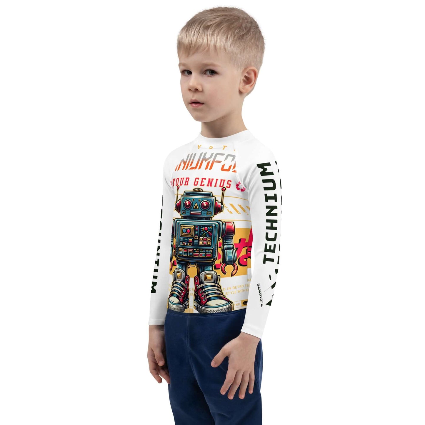 Boy wearing Technium Bot Kids' Rash Guard with retro robot design and UPF 50+ sun protection, featuring colorful tech style.