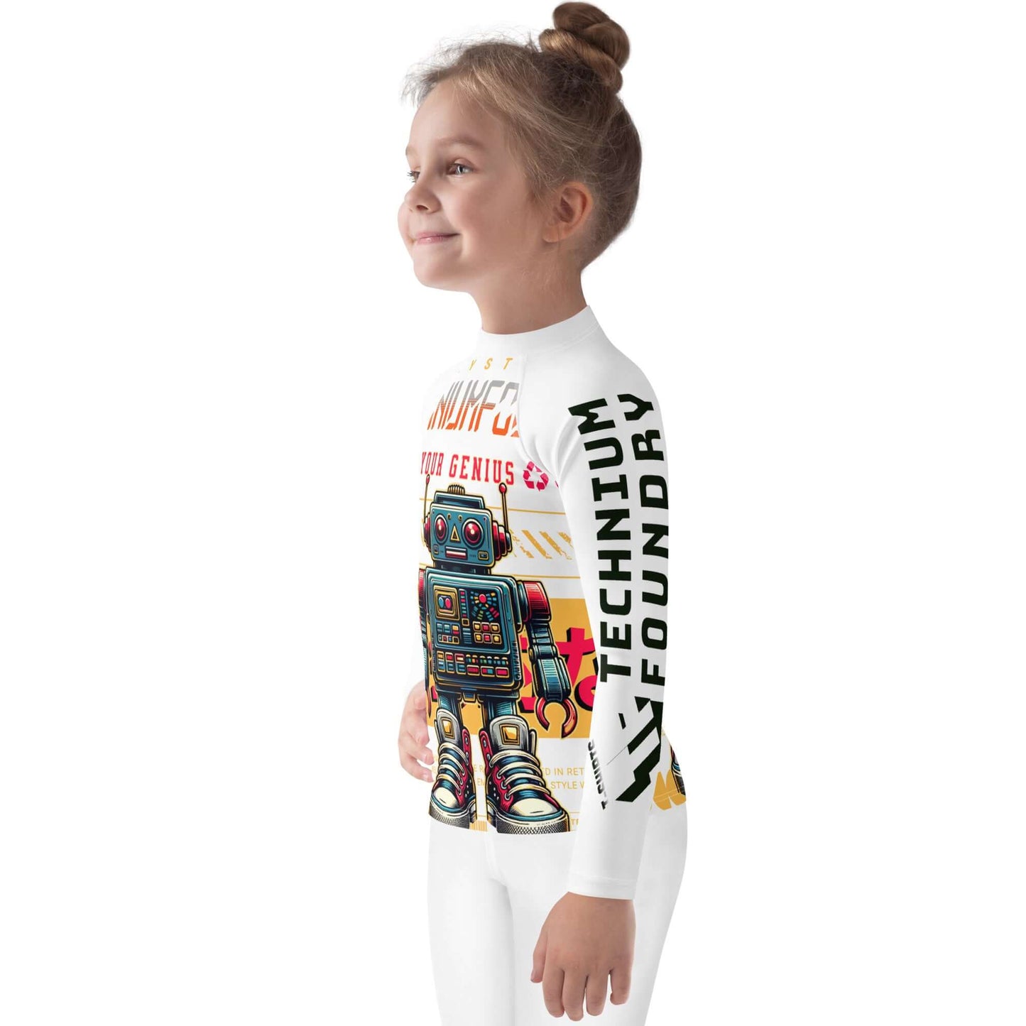 Kids' rash guard with retro robot design, UPF 50+ sun protection, Technium Bot, side view, child wearing, colorful tech attire.