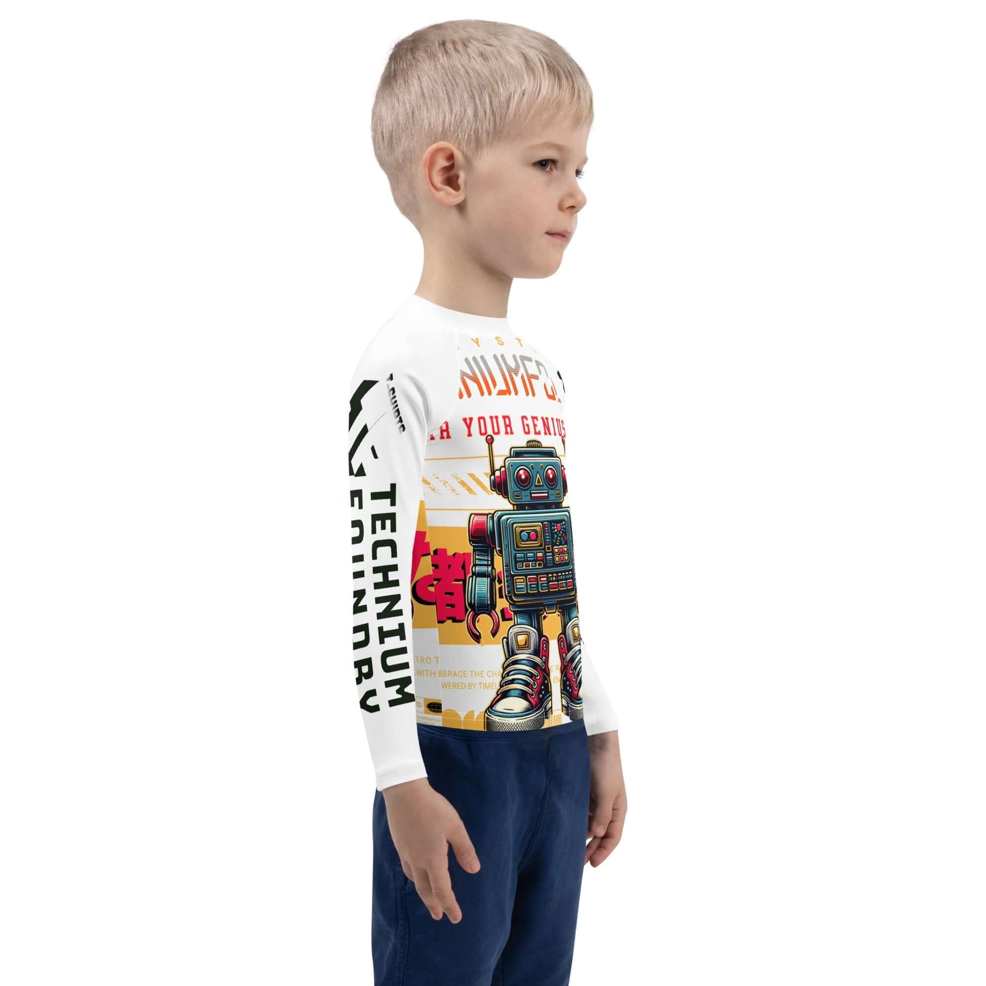 Kids' rash guard with retro robot design, tech-themed sun protection, UPF 50+, featuring a stylish robot, perfect for the beach.