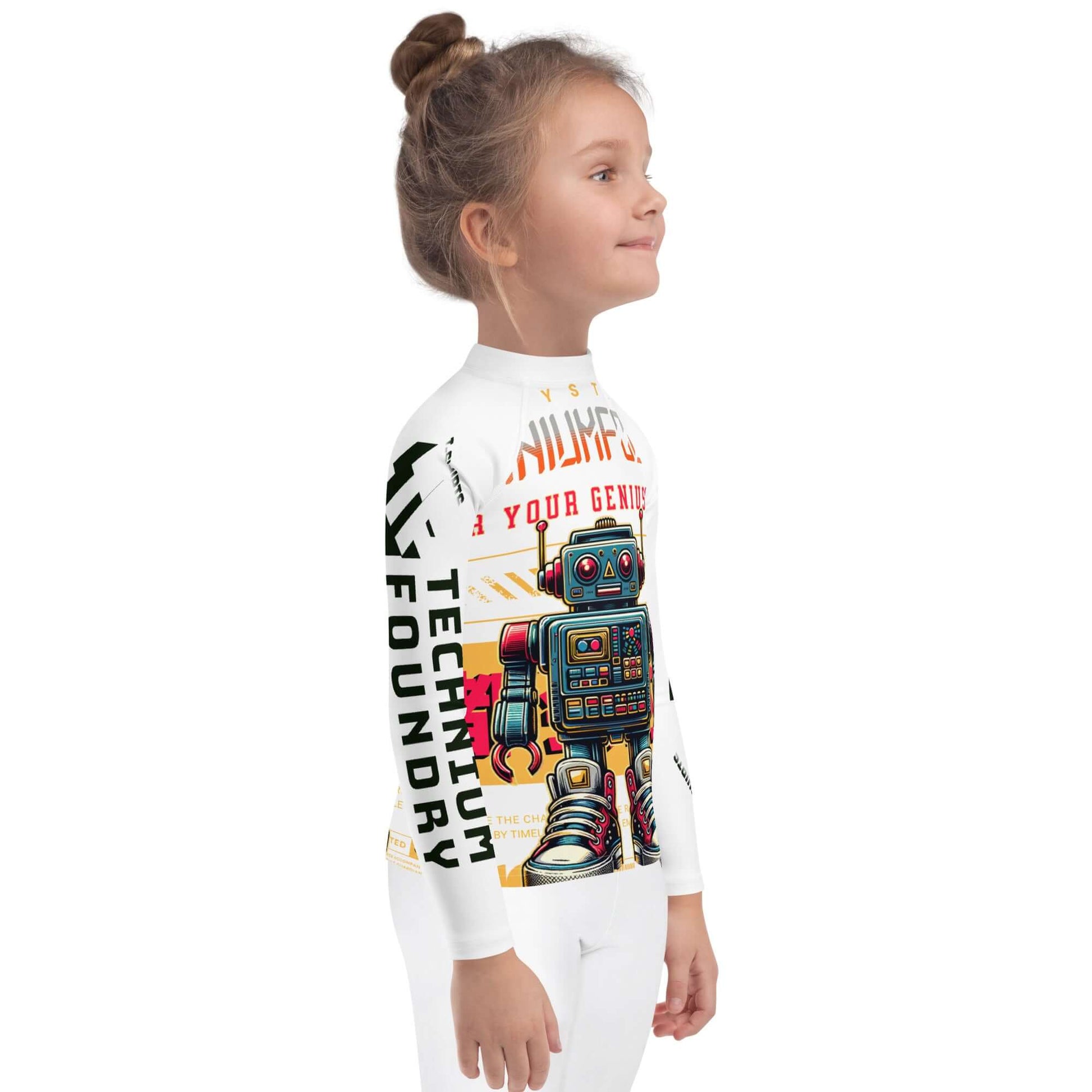 "Child wearing Technium Bot Kids' Rash Guard with retro robot design and UPF 50+ sun protection for stylish beachwear."