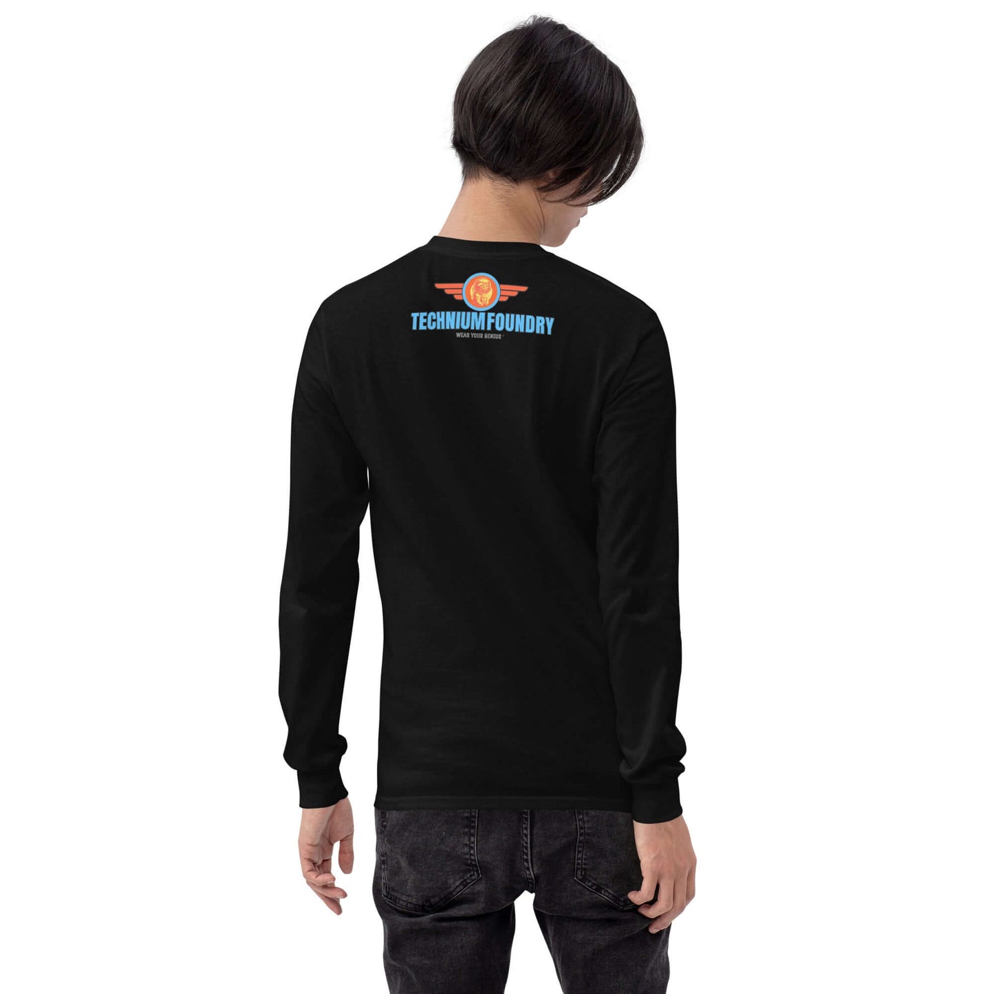 Black long sleeve tee with Technium Foundry logo on the back, part of the Science & Tech Apparel Collection.