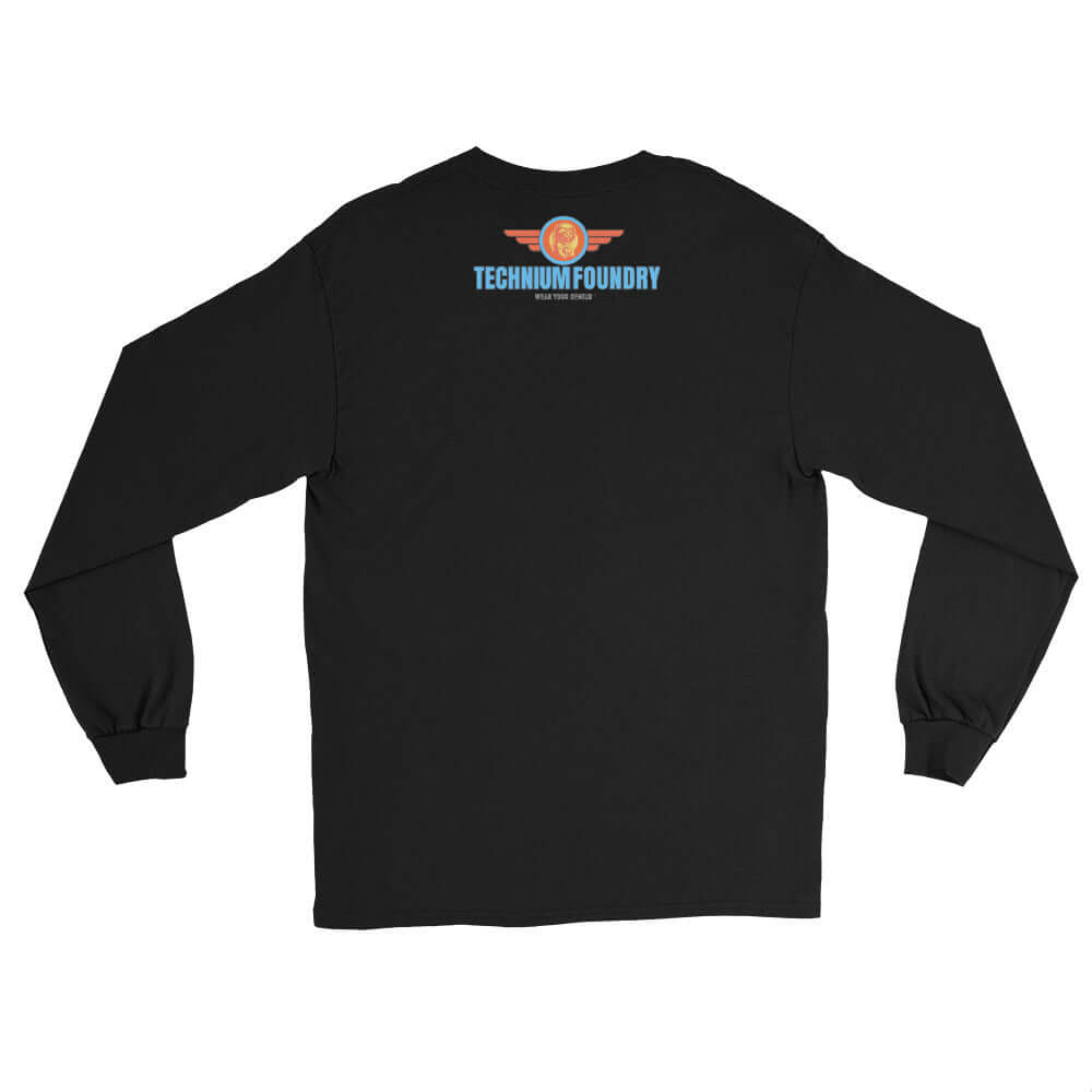 Black long sleeve tee from Technium Foundry, featuring science humor design celebrating Hubble's legacy in Science & Tech Apparel Collection.