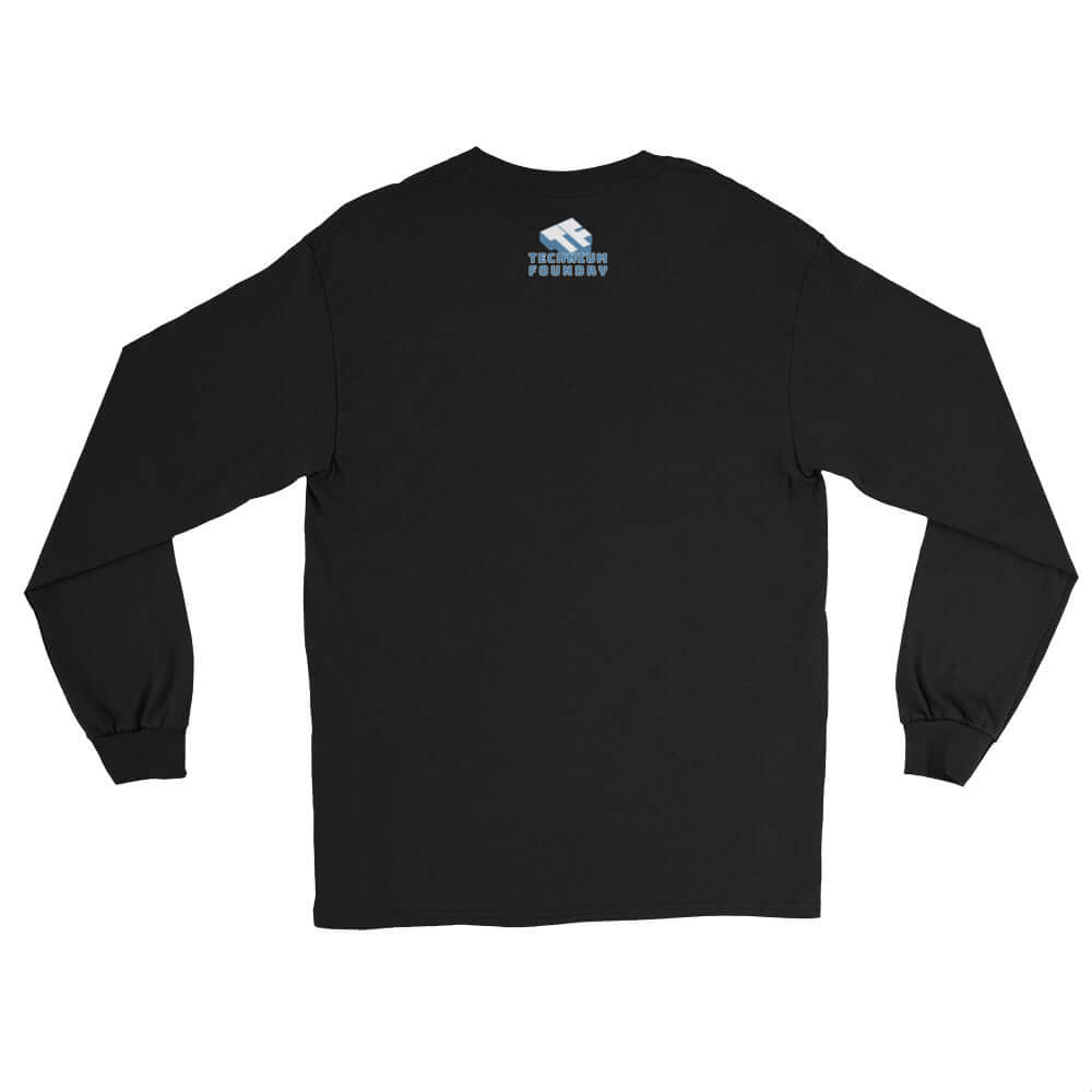 Back view of black long sleeve tee featuring small blue logo near neckline.