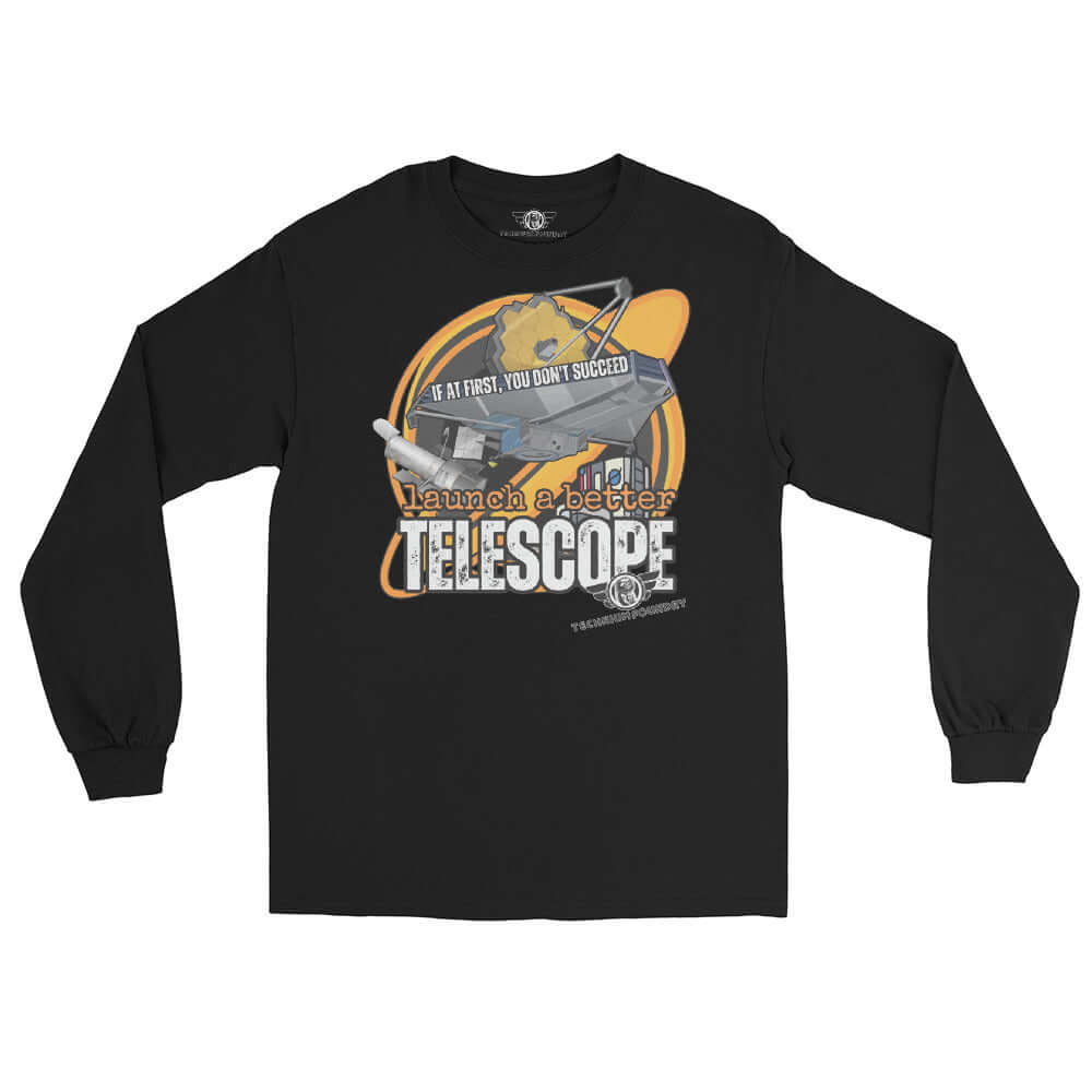 "Telescope Long Sleeve Tee - Science & Tech Apparel by Technium Foundry with Retro Hubble Design"