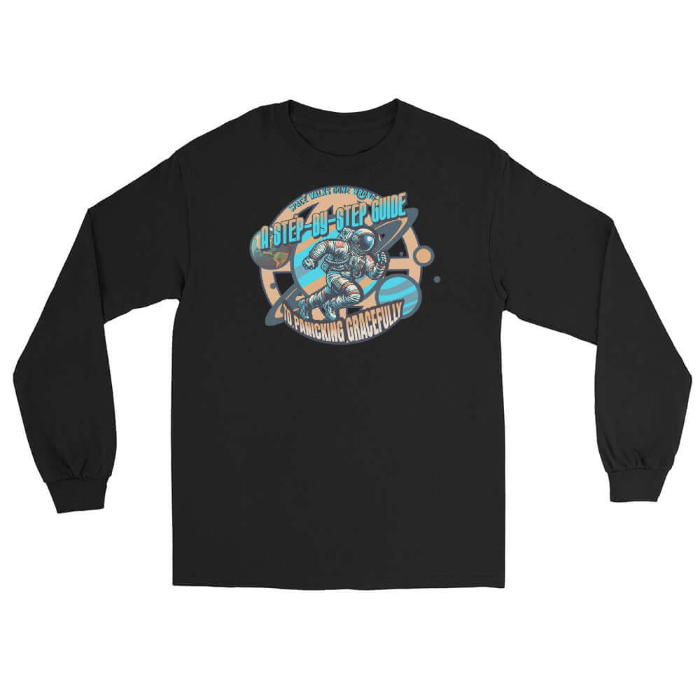 Space Walks Gone Wrong Long Sleeve Tee with retro astronaut and cosmic design in golds