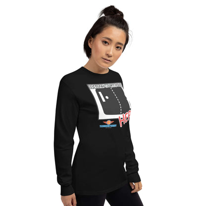 Woman wearing "I Paused My Game To Be Here" long sleeve tee from Technium Foundry's Science & Tech Apparel Collection.