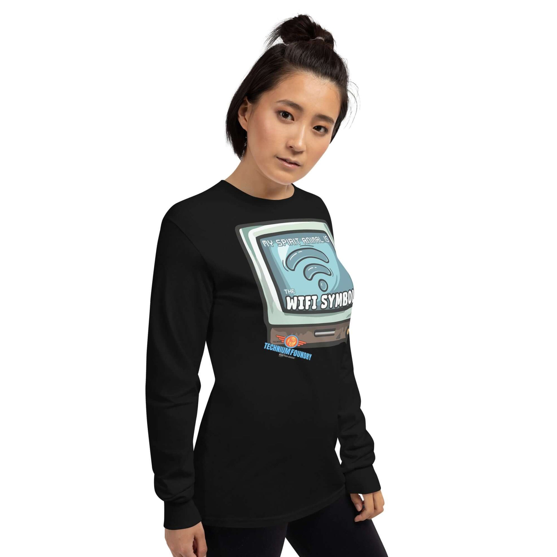 Woman wearing "My Spirit Animal is WiFi" long sleeve tee with retro TV and WiFi symbol design, expressing modern connection need.