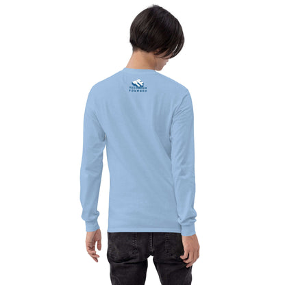 Back view of person wearing a light blue long sleeve t-shirt with a small logo on top back, styled for casual occasions.