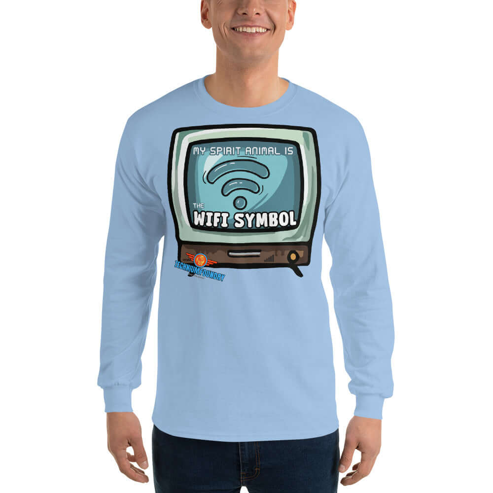 Long sleeve tee with retro TV design displaying "My Spirit Animal is the WiFi Symbol," highlighting a humorous quest for internet connection.