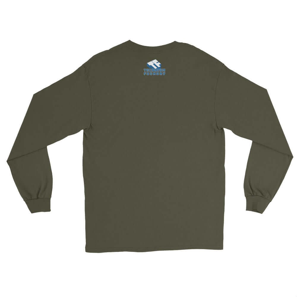 Back view of olive green long sleeve tee, featuring a graphic related to space walks.