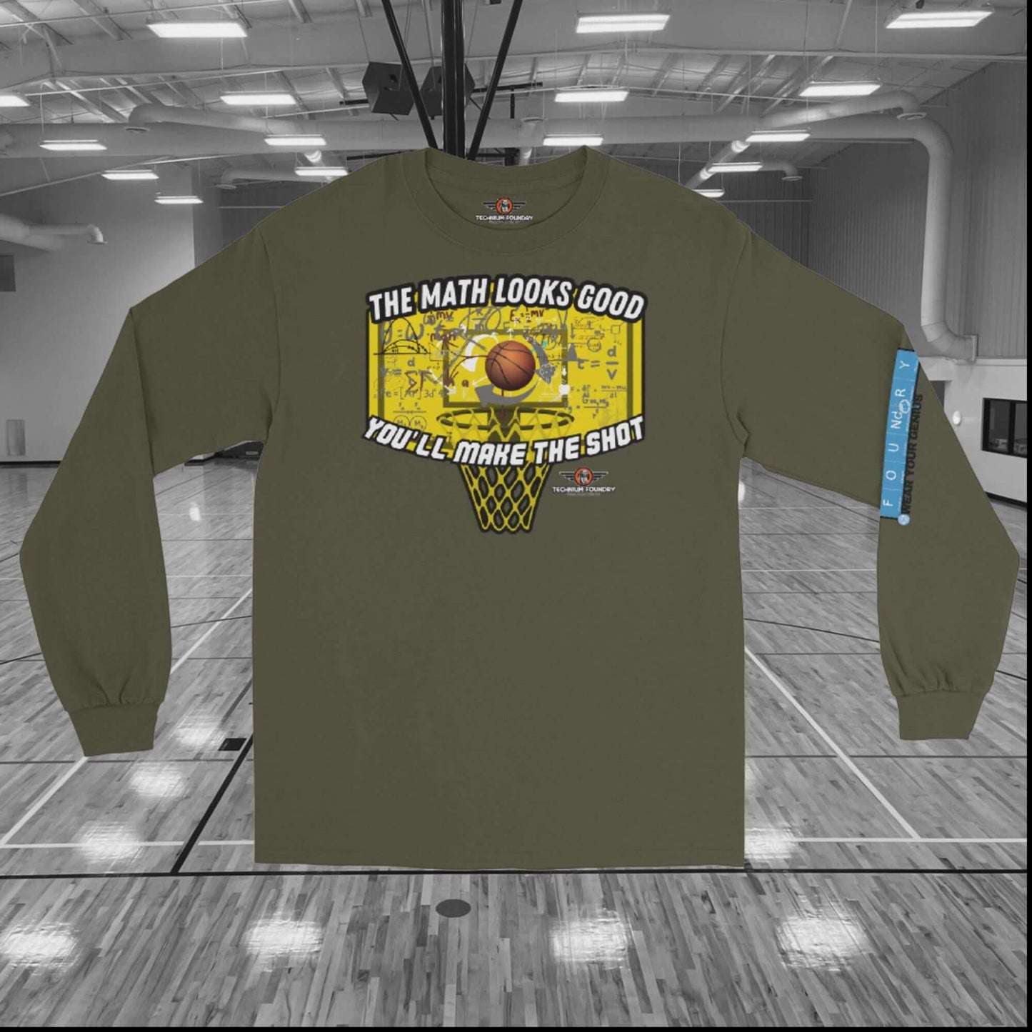 The Math Looks Good Basketball Physics Men’s Long Sleeve Shirt | Humor Color: Military Green Long-sleeve Size: S Apparel & Accessories Technium Foundry