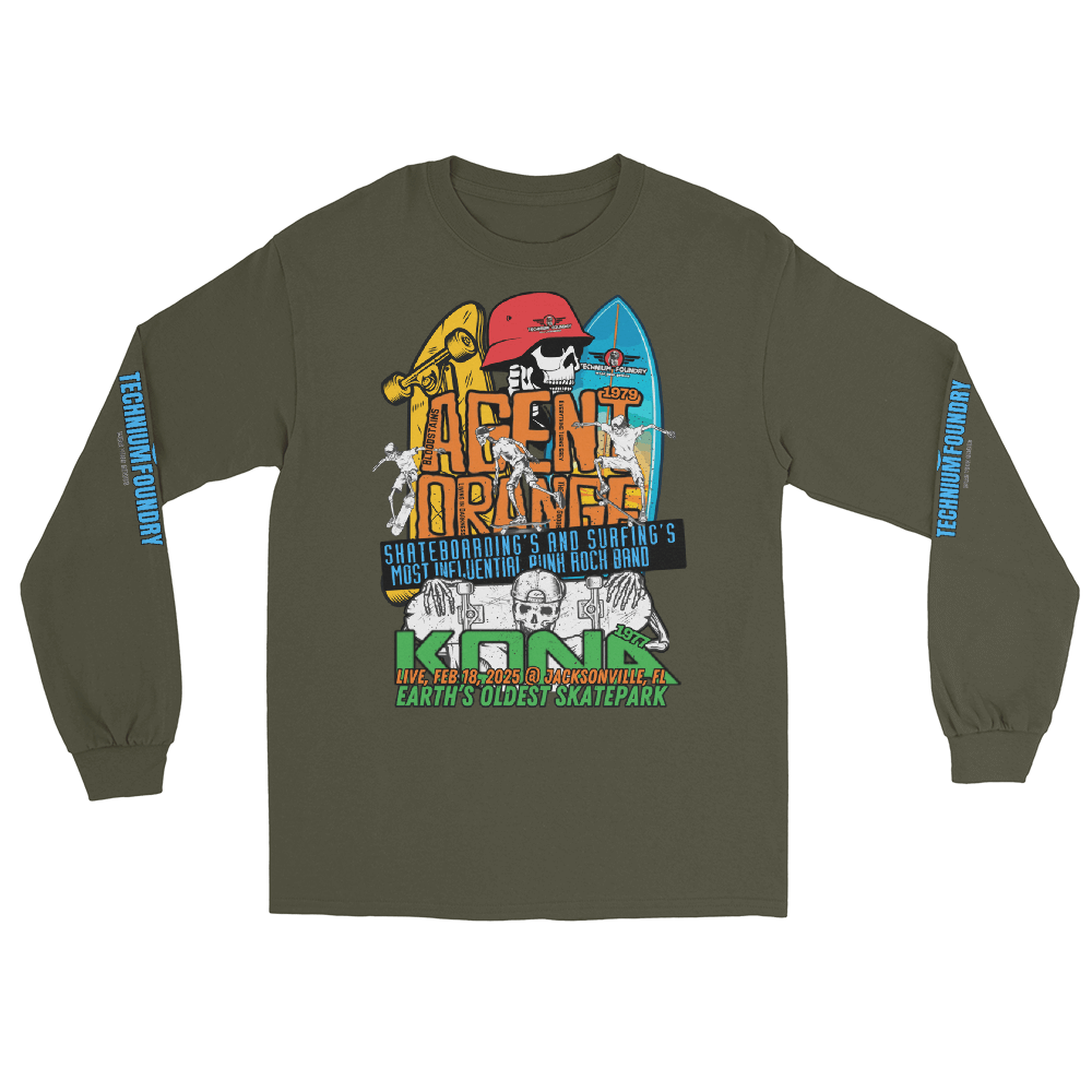 Kona Agent Orange Long Sleeve Skate Event Shirt| Vintage Skate History Color: Military Green T-Shirt Size: S Apparel & Accessories Technium Foundry