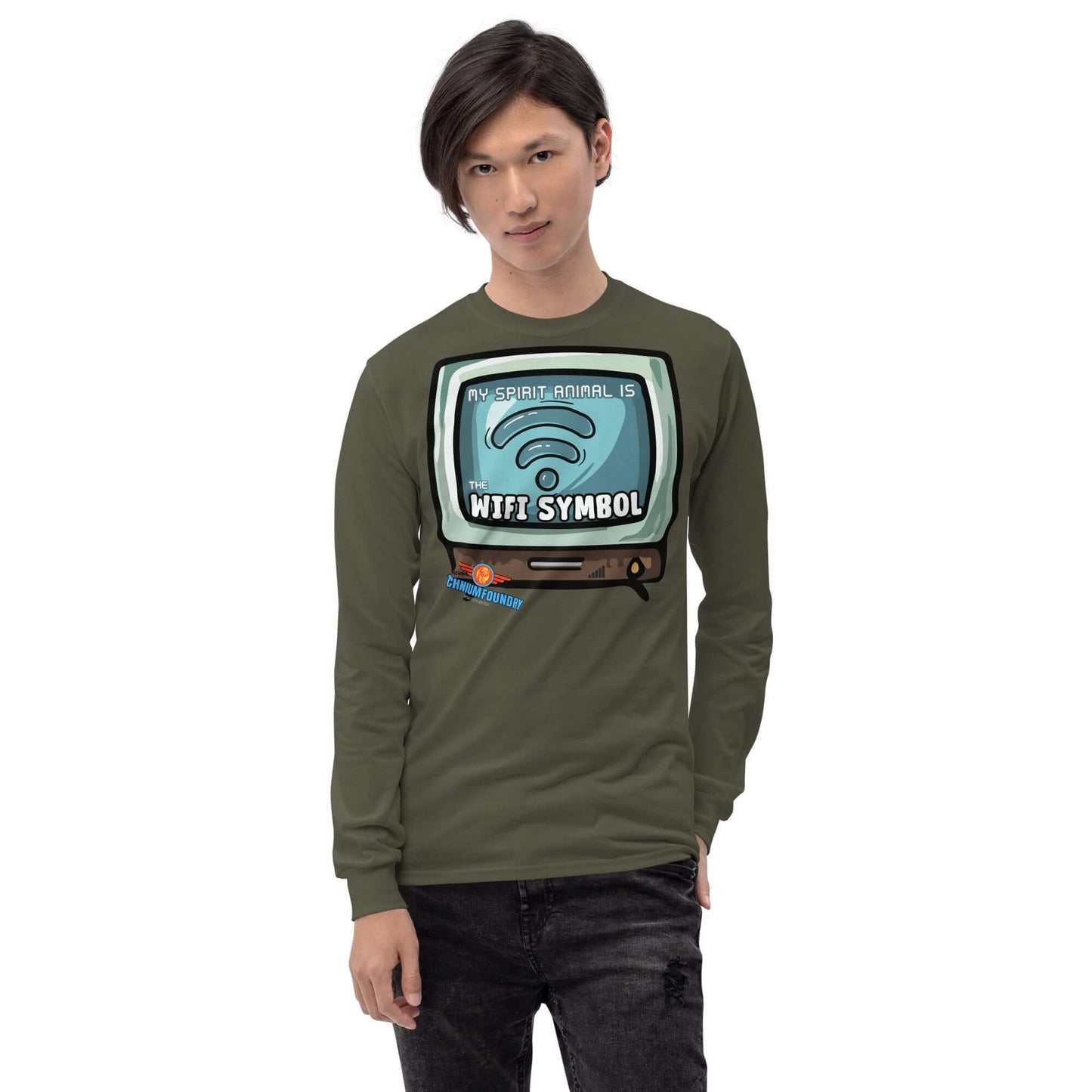 "Long sleeve tee with TV and WiFi symbol design - My Spirit Animal is WiFi - Perfect for internet lovers seeking connection"