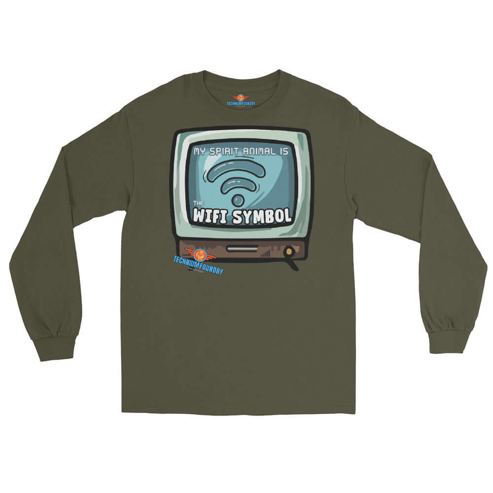 Long sleeve tee featuring retro TV and WiFi symbol design, showcasing the phrase "My Spirit Animal is WiFi" on a dark green shirt.