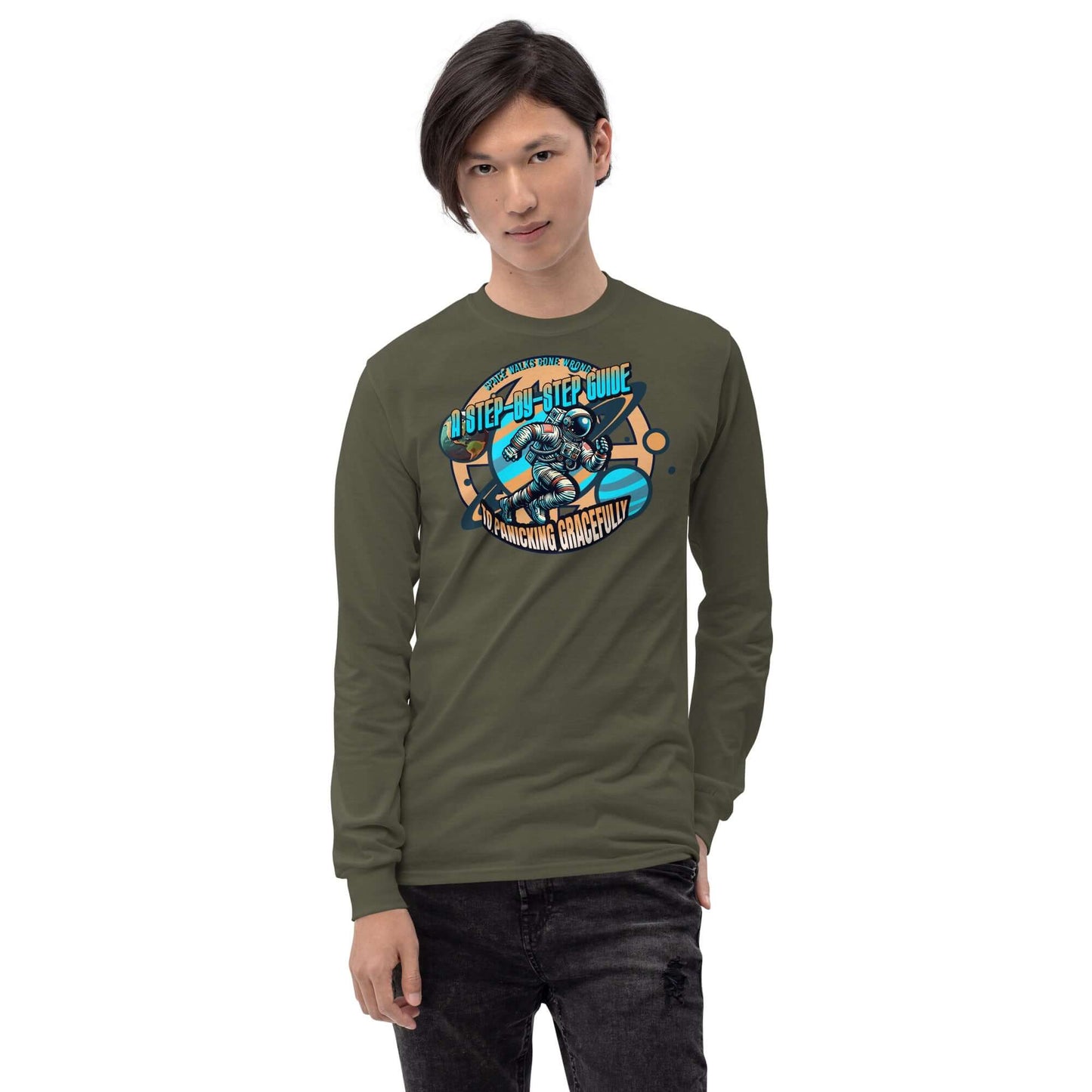 Space Walks Gone Wrong Long Sleeve Tee with retro astronaut illustration in cosmic golds