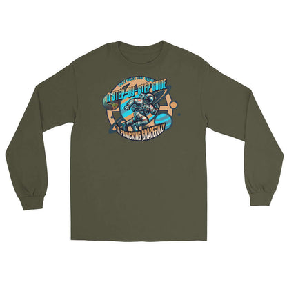 Olive green long sleeve tee featuring a vintage-style astronaut illustration with the text 'A Step-by-Step Guide to Panicking Gracefully.'