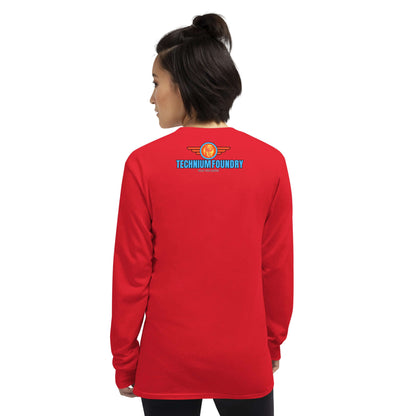 Woman wearing red "If At First You Don't Succeed" Telescope long sleeve tee, part of Science & Tech Apparel Collection by Technium Foundry.