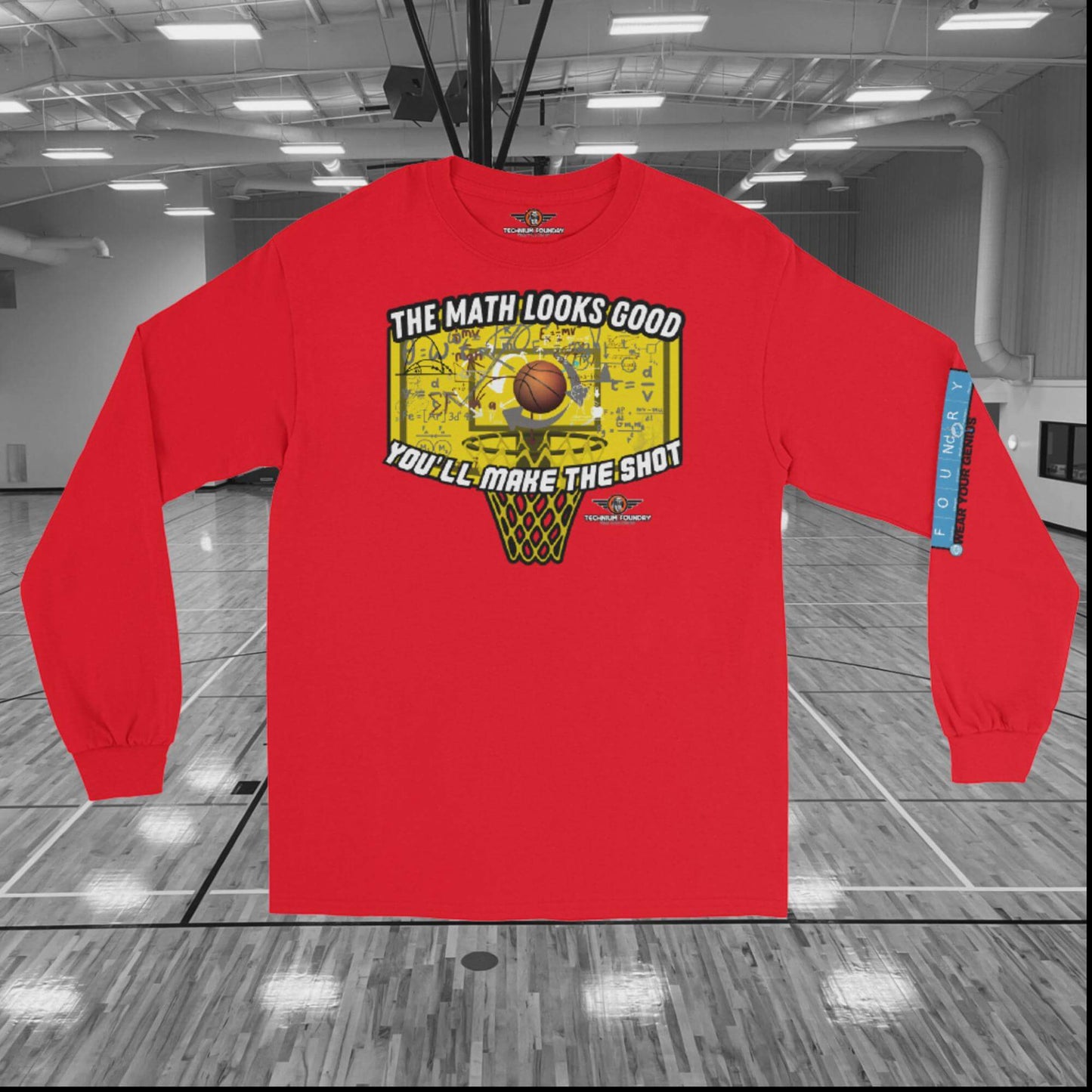 The Math Looks Good Basketball Physics Men’s Long Sleeve Shirt | Humor Color: Red Long-sleeve Size: S Apparel & Accessories Technium Foundry