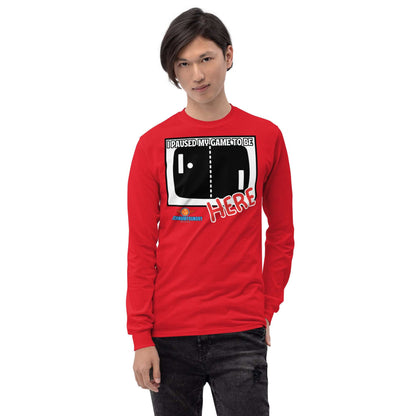 "Model wearing red 'I Paused My Game To Be Here' long sleeve tee from Science & Tech Apparel Collection by Technium Foundry"