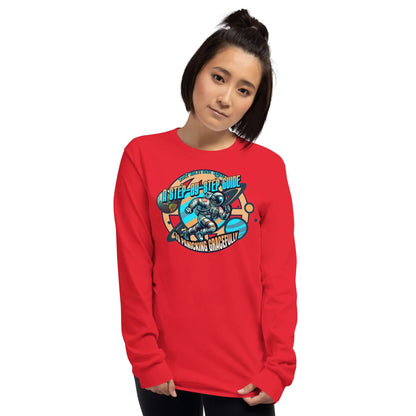 Red long sleeve tee with retro astronaut design and 'A Step-by-Step Guide to Panicking Gracefully' text