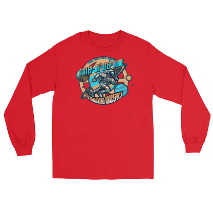 Red long sleeve tee with vintage astronaut illustration and text "A Step-by-Step Guide to Panicking Gracefully".