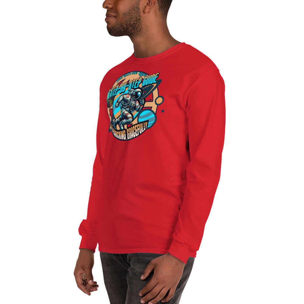 Space Walks Gone Wrong long sleeve tee with astronaut illustration in retro cosmic style worn by a model.