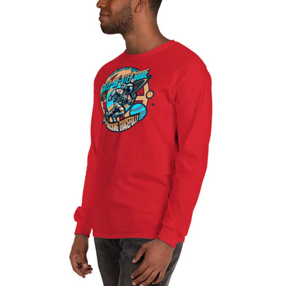 Space Walks Gone Wrong long sleeve tee with astronaut illustration in retro cosmic style worn by a model.