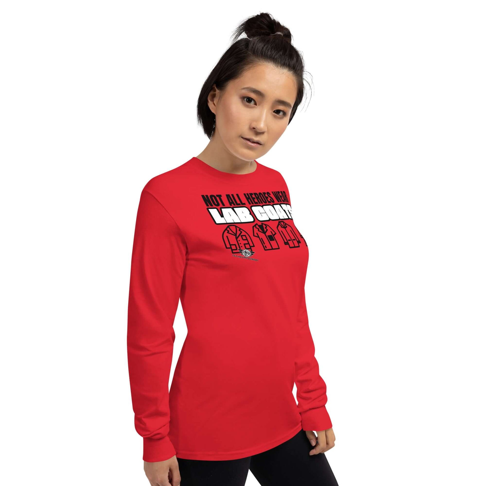 Not All Heroes Wear Lab Coats Long Sleeve T-Shirt | Science Hero Humor Color: Red Long-sleeve Size: S Apparel & Accessories Technium Foundry