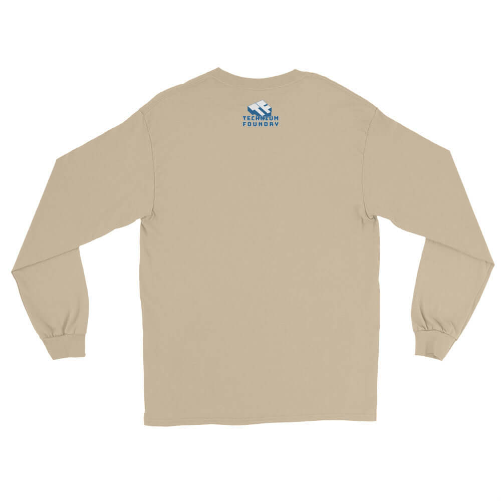 Back view of space-themed long sleeve tee in beige with blue logo, ideal for casual wear and space enthusiasts.