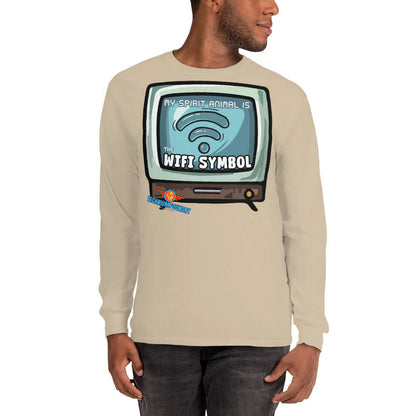 Long sleeve tee with retro TV and WiFi design, titled "My Spirit Animal is WiFi," for modern connectivity seekers.